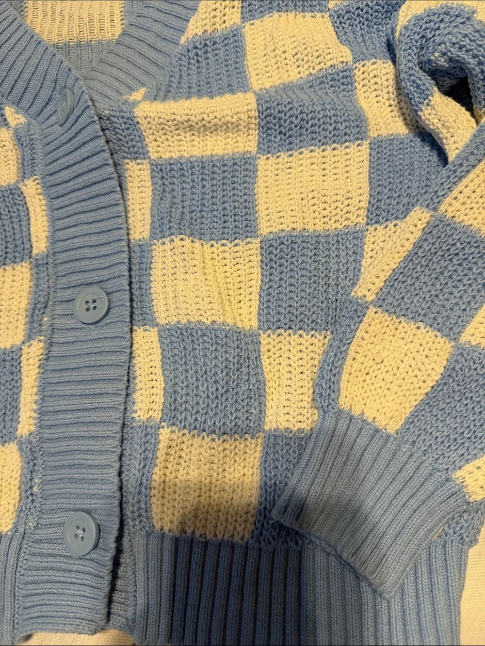 Old Navy Blue & Cream Girls’ Checkerboard V-Neck Cardigan